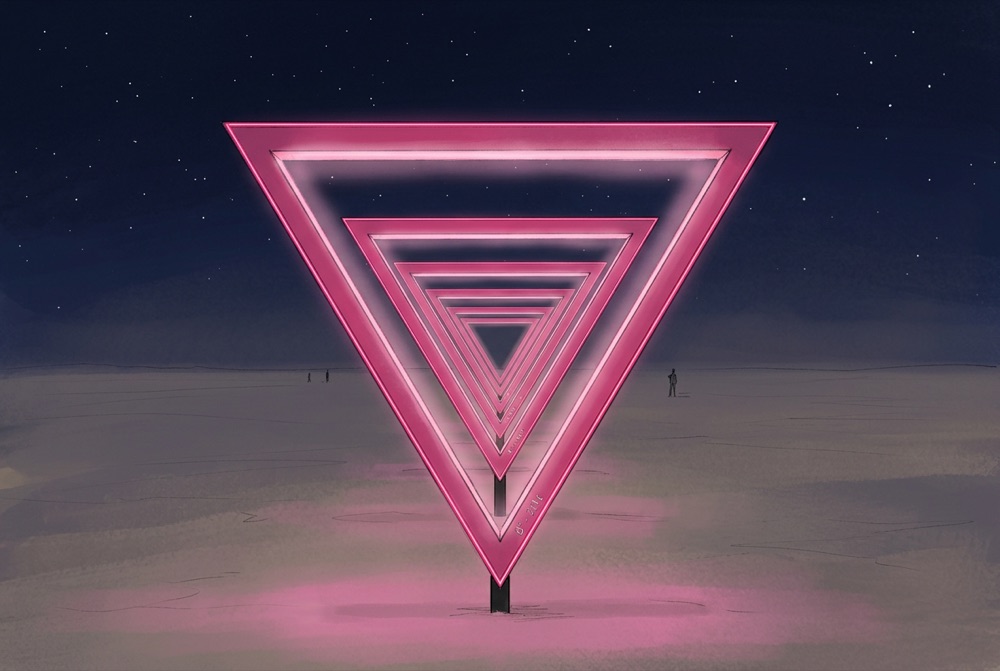 Night rendering of lit pink steel triangles on the playa